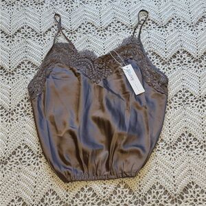 NWT Bluivy Satin Lace Trim Camisole Brown Adjustable Spaghetti Straps Polyester